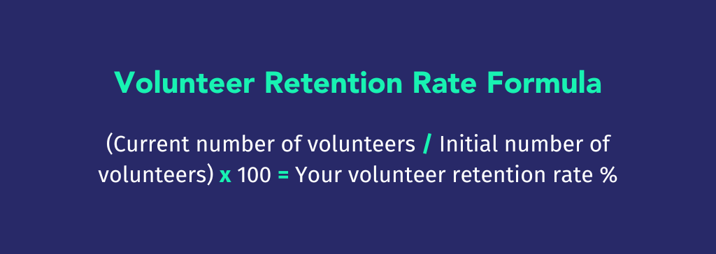 Volunteer retention rate formula (Current number of volunteers / Initial number of volunteers) x 100 = Your volunteer retention rate %
