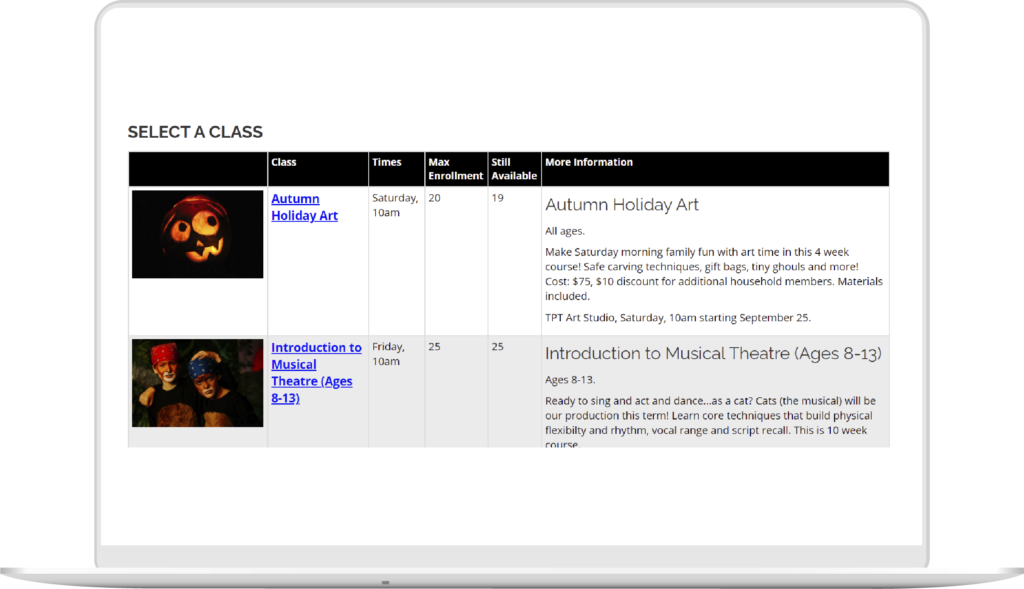 Screenshot of a class listing in the Arts People platform.