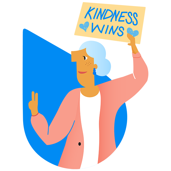 Illustration of a 'One Bunch' member holding a sign that reads "Kindness Wins" and showing a happy, peaceful demeanor