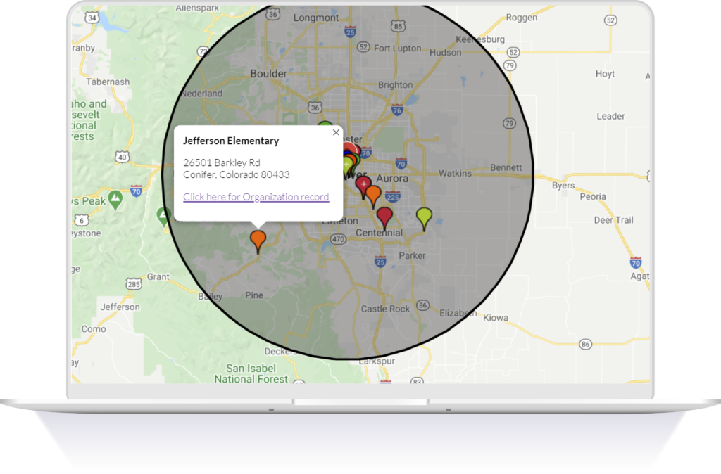 Screenshot of a geographic map area with custom overlays, created to serve a specific organization using Neon CCM