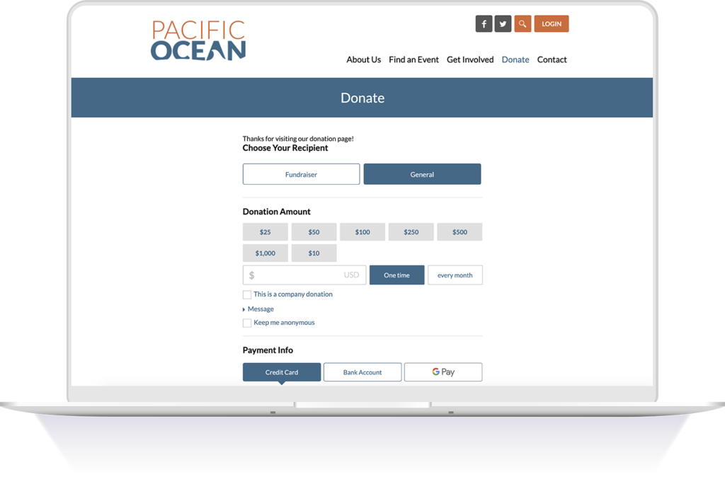 Screenshot of an example donation form provided by Neon Fundraise which is cleanly designed and easy to use