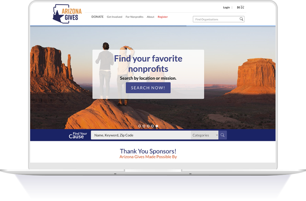 Screenshot of the Neon Giving Days page for Arizona Gives being displayed on a laptop computer