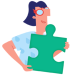 Illustration of a woman holding a puzzle piece to symbolize how Arts People integrates with other parts of performance arts.