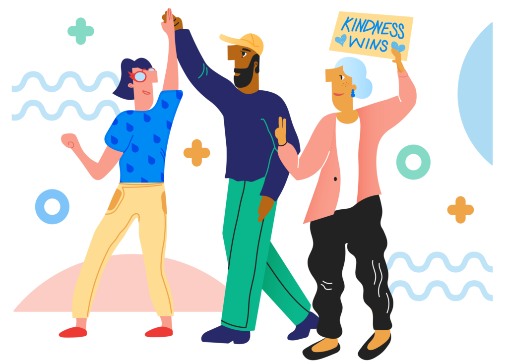 Colorful illustration of the 'One Bunch' celebrating their organizational success with the help of Arts People and Neon One.