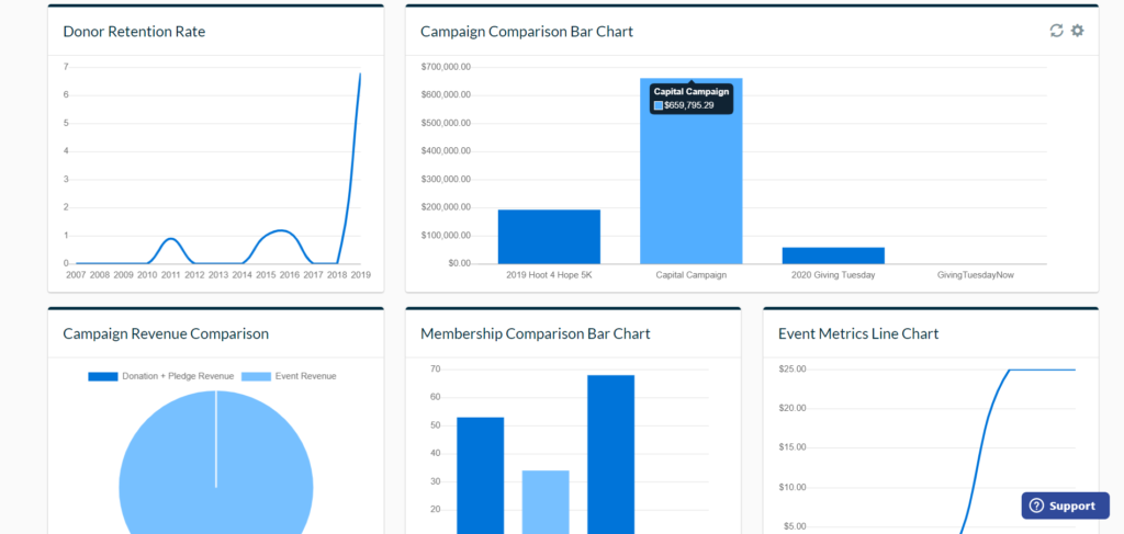 A Neon CRM dashboard showing easy-to-read visualizations of donor data