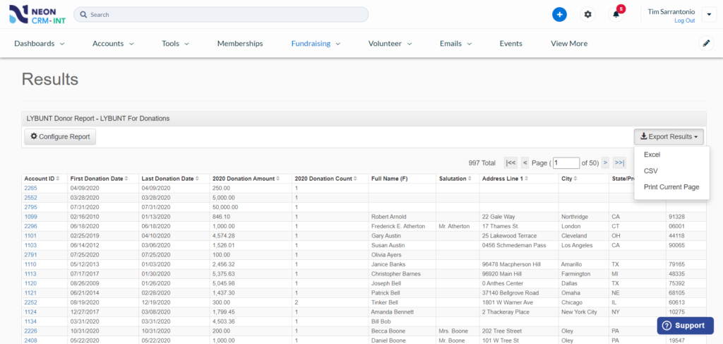 A screenshot of the reporting interface in Neon CRM, showing a fully configurable report with various donor related metrics.