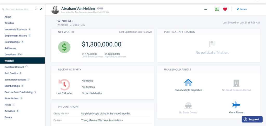 The Windfall integration in Neon CRM's Fundraising software shows wealth data for donors such as net worth and philanthropy.