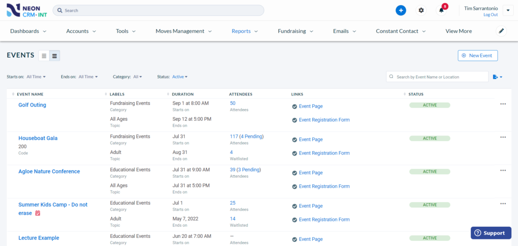 The event management page in Neon CRM, with the event and attendee details you need to run a successful event.