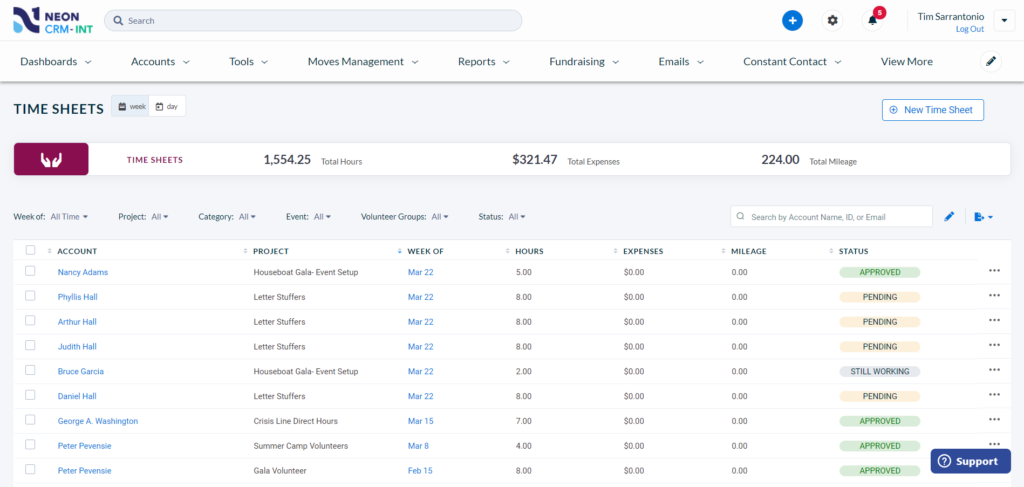 The volunteer management page in Neon CRM, with timesheet by volunteer and project that track hours, expenses and mileage.