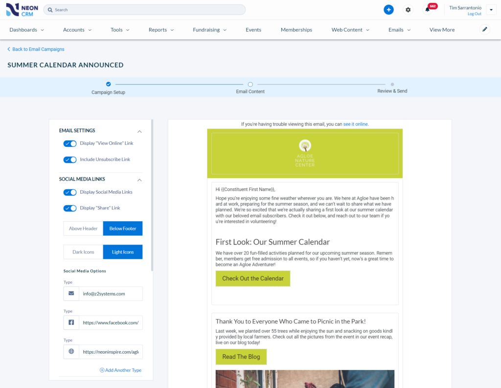 The Neon CRM email builder, with easy to customize content blocks and social media integrations.