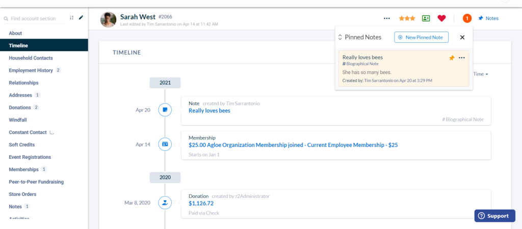 A screenshot of the Timelines module in Neon CRM, which shows a visual timeline of all of the interactions a specific donor has had with your organization.