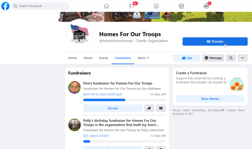 Homes For Our Troops Donation Page on Facebook