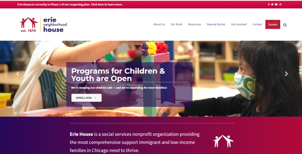 Erie Neighborhood House charity website homepage