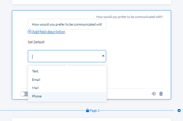 This is a screenshot of the Neon CRM for Associations interface people use to create membership forms. In this instance, someone has added a field asking members for their communication preferences. Members can choose from a drop-down menu that includes text, email, mail, and phone.
