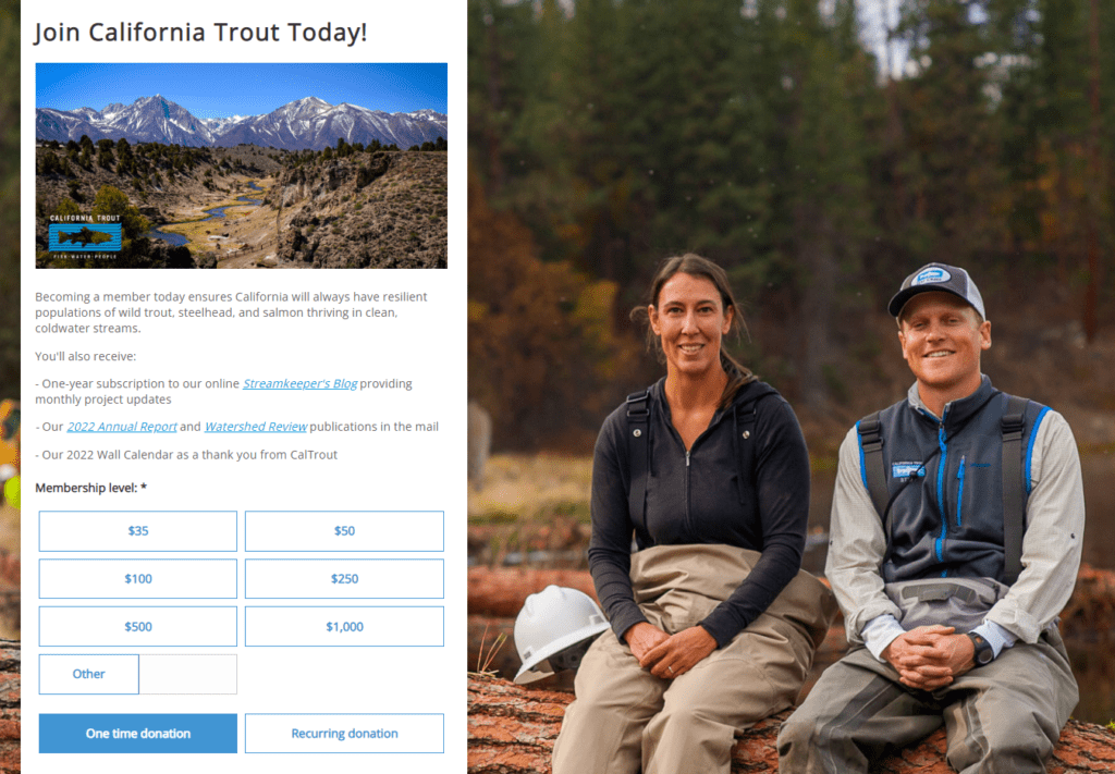 An image of a membership enrollment form for California Trout. On the left side of the image is the form itself, which features different membership levels and written content explaining the benefits of membership. The right side of the image includes a photo of two people dressed in fishing gear and smiling at the camera.