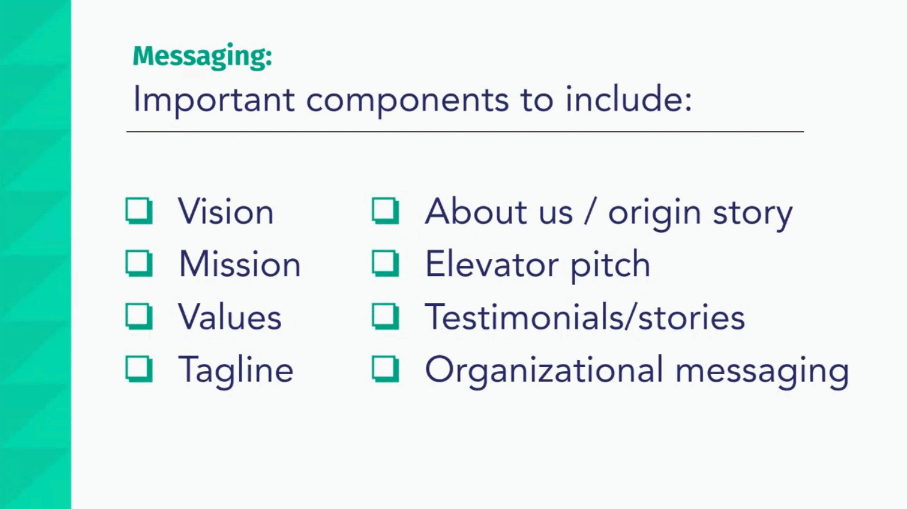 This slide from Claire and Tovah's session contains a checklist of messaging components to include in your brand guide. The components include:

Vision
Mission
Values
Tagline
About us or origin story
Elevator pitch
Testimonials and stories
and Organizational messaging