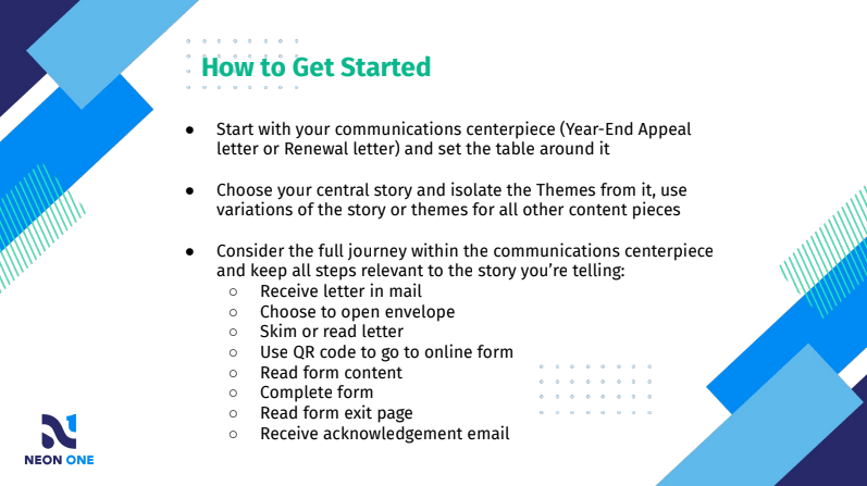 This slide from Laura's presentation is titled "How to Get Started" and includes lots of bullet points:

- Start with your communications centerpiece (year-end appeal or renewal letter) and set the table around it

- Choose your central story and isolate the Themes from it, use variations of the story or themes for all other content pieces

- Consider the full journey within the communications centerpiece and keep all steps relevant to the story you're telling. Steps on the slide include:

Receive letter in mail
Choose to open envelope
Skim or read letter
Use QR code to go to online form
Read form content
Complete form
Read form exit page
Receive acknowledgement email