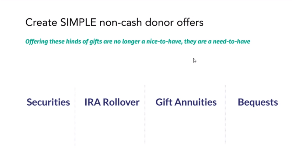 This slide from Cherian's session is entitled "Create simple non-cash donor offers." The sub-header says, "Offering these kinds of gifts are no longer a nice-to-have, they are a need-to-have." Examples of non-cash gifts included on the slide are securities, an IRA rollover, gift annuities, and bequests.