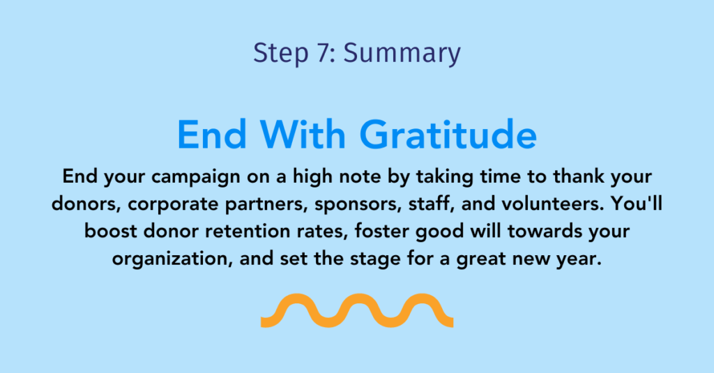 Step 7 summary: End with gratitude.

End your campaign on a high note by taking time to thank your donors, corporate partners, sponsors, staff, and volunteers. You'll boost donor retention rates, foster good will towards your organization, and set the stage for a great new year.