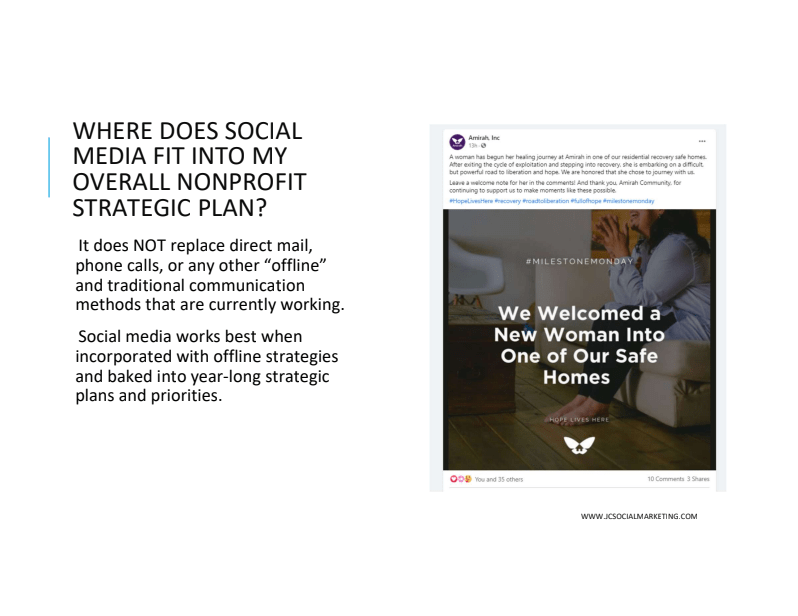 This slide includes a screenshot of a social media post from a nonprofit. Next to the image is a header that asks, "Where does social media fit into my overall nonprofit strategic plan?" In smaller letters is the answer, which says, "It does NOT replace direct mail, phone calls, or any other "offline" and traditional communication methods that are currently working. Social media works best when incorporated with offline strategies and baked into year-long strategic plans and priorities."