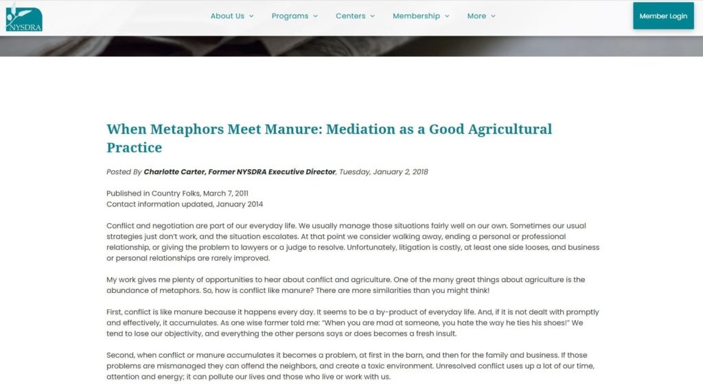 A nonprofit's blog post titled "When Metaphors Meet Manure: Meditation as a Good Agricultural Practice."