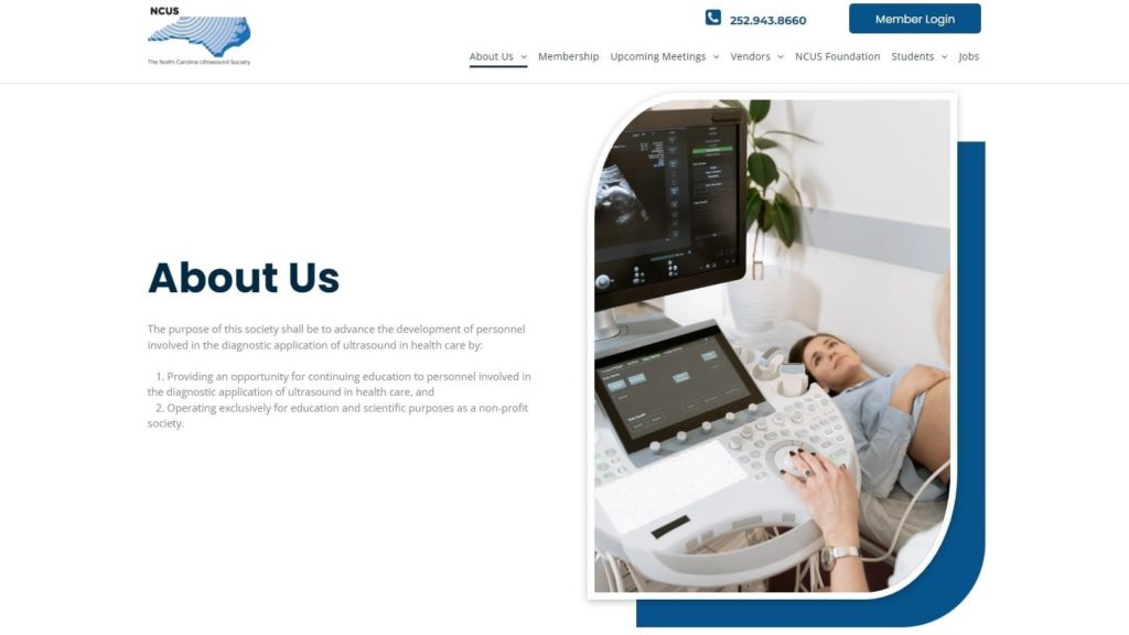 The About Us page for a nonprofit website, featuring a photo of a woman recieving a sonogram.