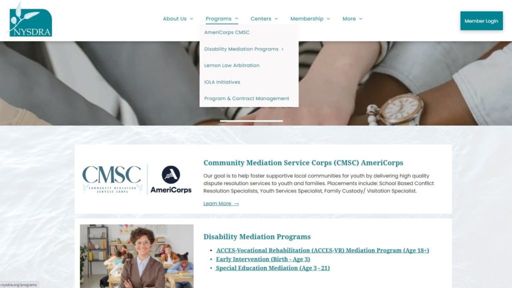 The "Programs" section of a nonprofit website, which includes an Americorps program and Disability Mediation Programs, among others.