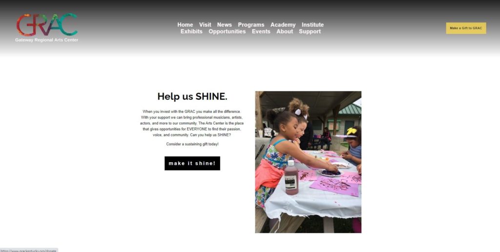 A nonprofit website screenshot featuring a bright yellow donation button in the upper right hand corner.