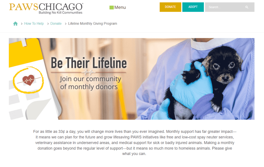 A screenshot of PAWS Chicago's website promoting their Lifeline Monthly Giving Program