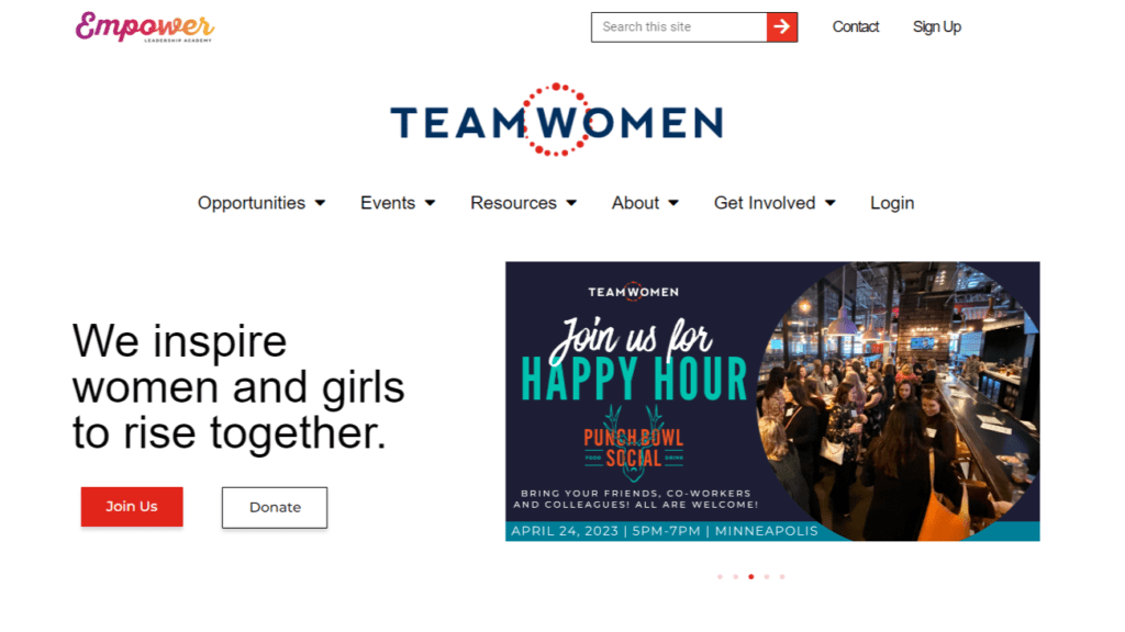 A screenshot of the TeamWomen website homepage.