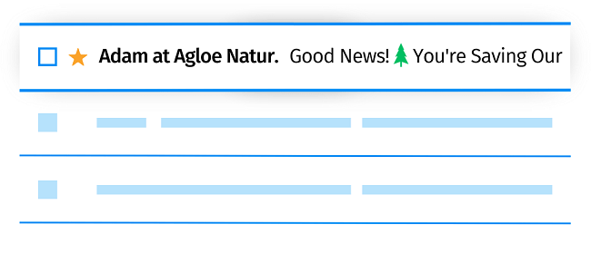 This illustration shows the beginning of an email subject line. The email, which is sent from Adam at Agloe Nature Center, has a subject line that begins with, "Good news!" and a pine tree emoji.