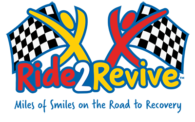 Ride2Revive Logo Two checkered flags with abstract people icons, one yellow, one red and the words Ride2Revive