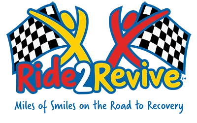 Ride2Revive Logo Two checkered flags with abstract people icons, one yellow, one red and the words Ride2Revive