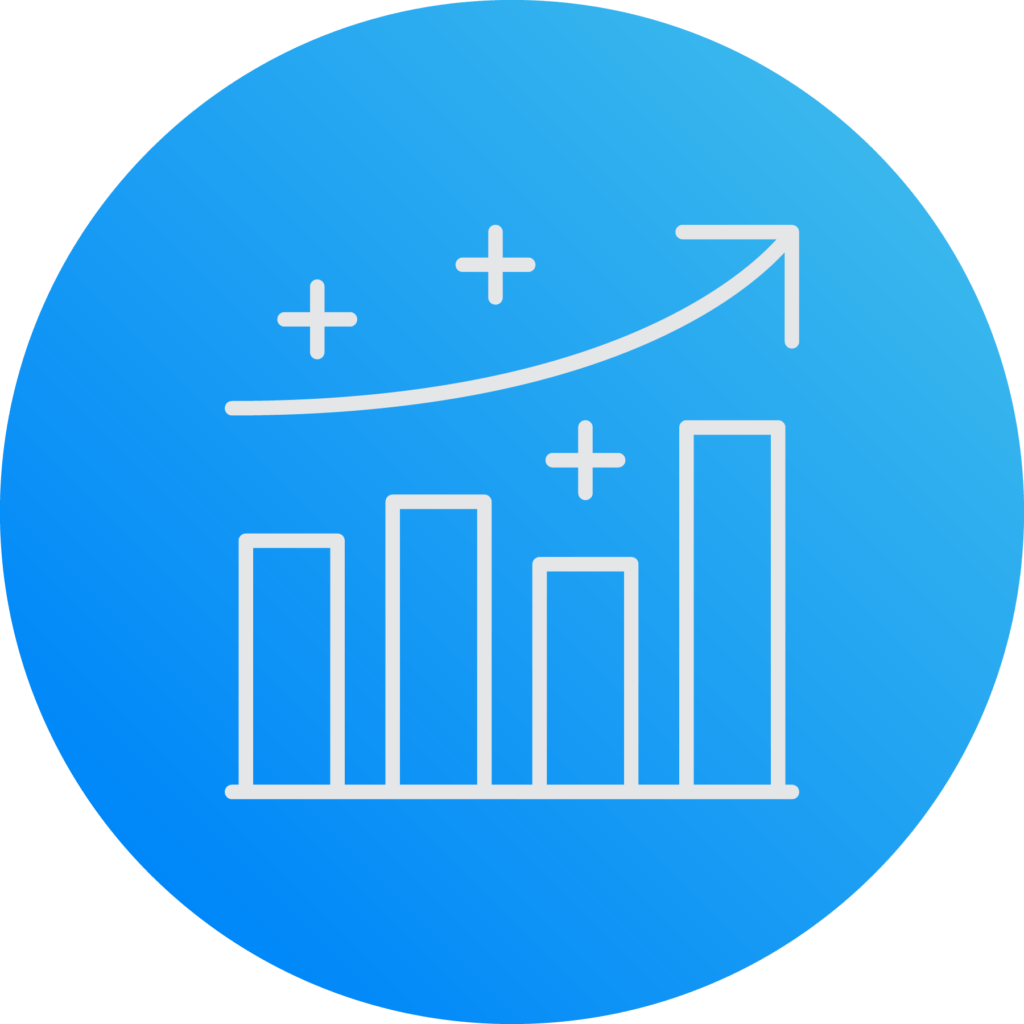 a blue circle with an icon of a bar graph and trend line pointing up