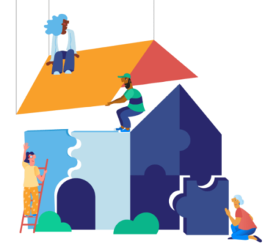 Illustration of the One Bunch bringing the roof onto a house and putting things together, representing the interconnected nature of Neon CRM