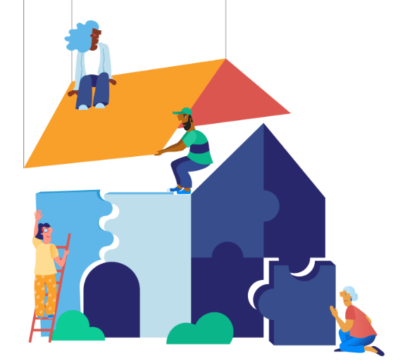 Illustration of the One Bunch bringing the roof onto a house and putting things together, representing the interconnected nature of Neon CRM