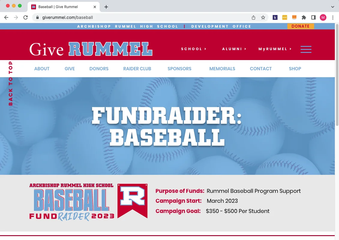 Screenshot of Archbishop Rummel High School Baseball Team's Online Fundraiser