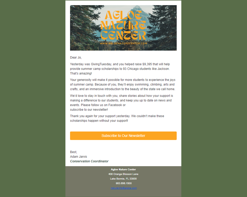 A screenshot of an email from Agloe Nature Center following up on their GivingTuesday campaign.