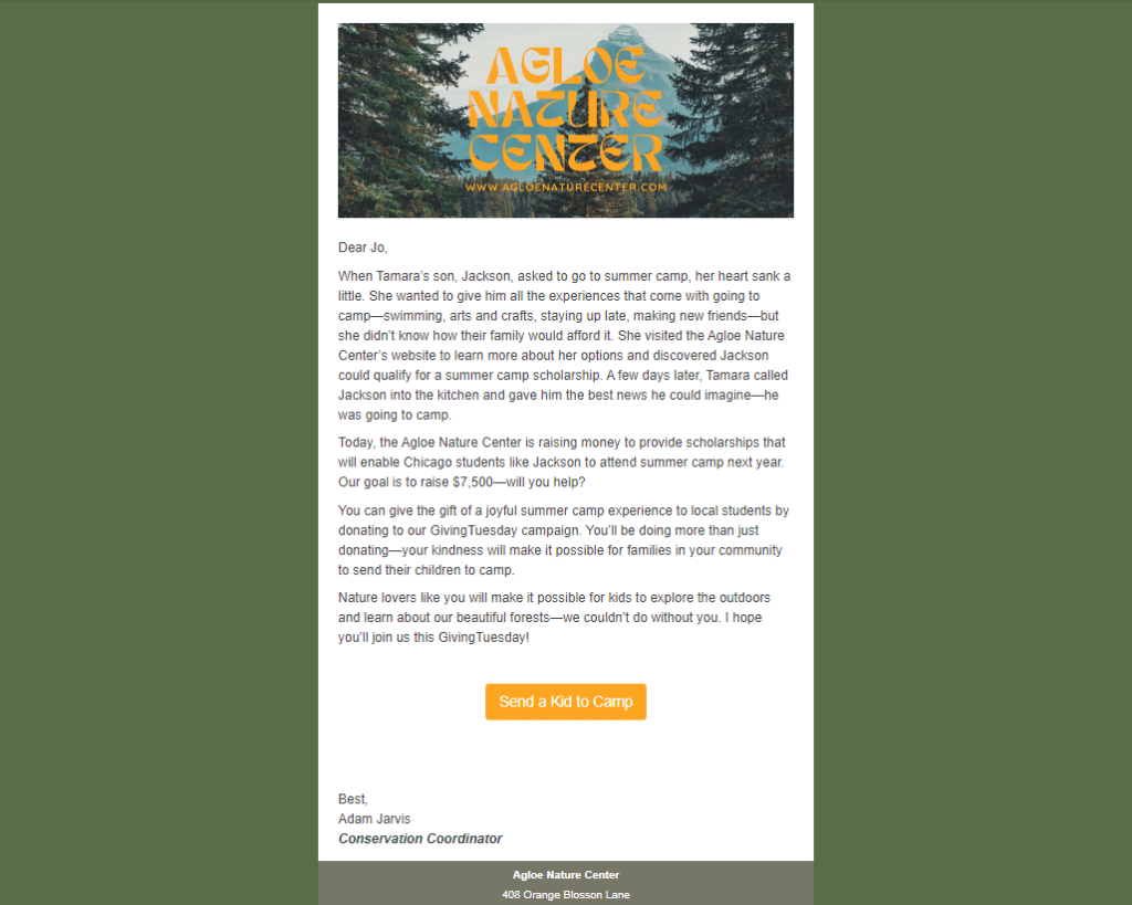 A screenshot of an email from Agloe Nature Center making an appeal on GivingTuesday.