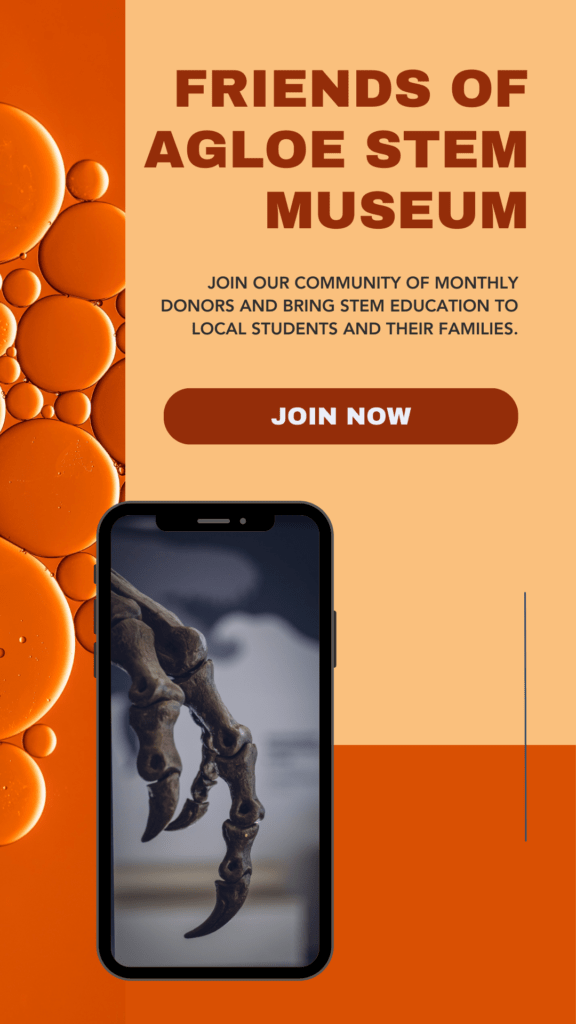 This graphic, featuring colors in various shades of orange, invites people to join the “Friends of Agloe STEM Museum” by setting up a monthly gift. Beneath the CTA button, which is labeled “Join Now,” is a close-up image of a dinosaur claw on a smart phone.