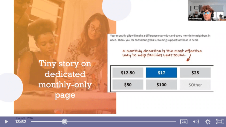 This is a screenshot from Erica Waasdorp's product webinar; on her screen, she shows attendees how adding a brief impact statement to a donation form can improve recurring giving donations.