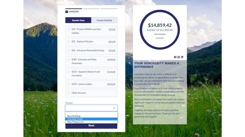 A screenshot of the donation form in Neon CRM with different giving levels and donation frequencies displayed, as well as a campaign progress meter. 