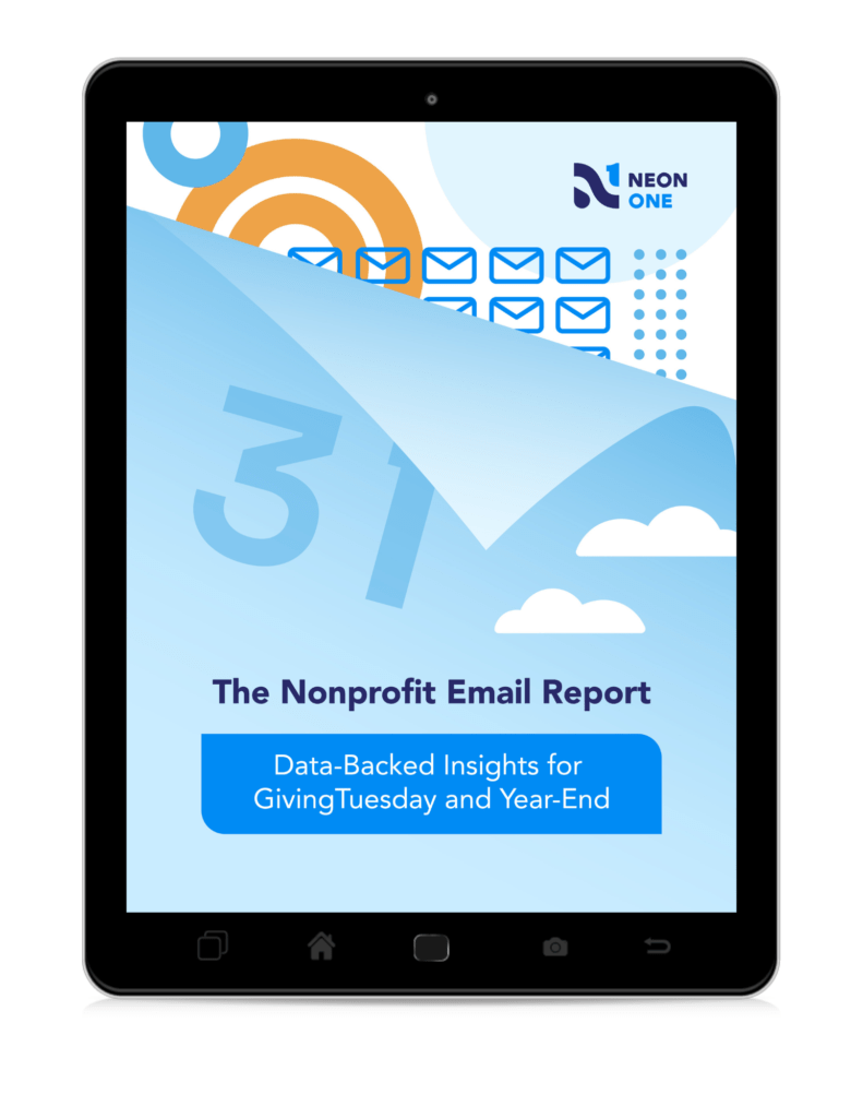 The cover for the GivingTuesday Nonprofit Email Report is displayed on a black iPad screen