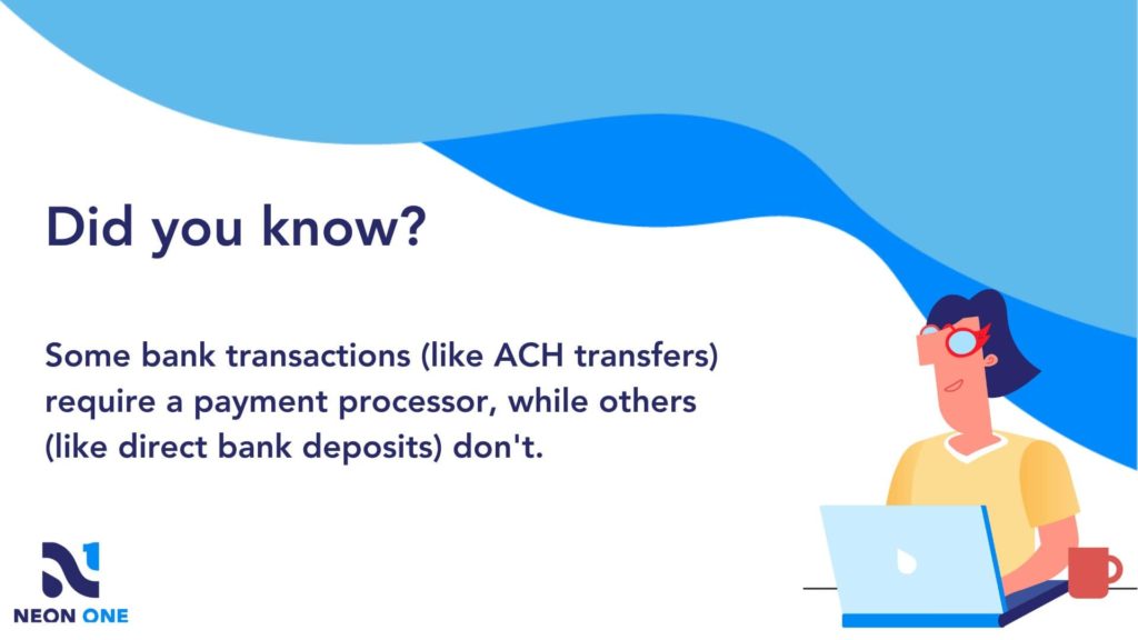 did you know? Some bank transactions (like ACH transfers) require a payment processor, while others (like direct deposits) don't. 