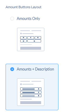 This screenshot from the Neon CRM donation form builder includes options to include suggested donation amounts. You can choose to show only the amounts or to display both suggested amounts and descriptions.