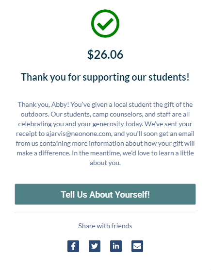 This is a screenshot of a donation page exit page that includes a thank-you message and an invitation to watch a thank-you video.