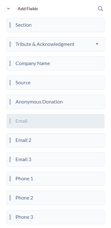 This screenshot of Neon CRM’s donation form builder shows lots of different options for adding additional fields to a donation form.