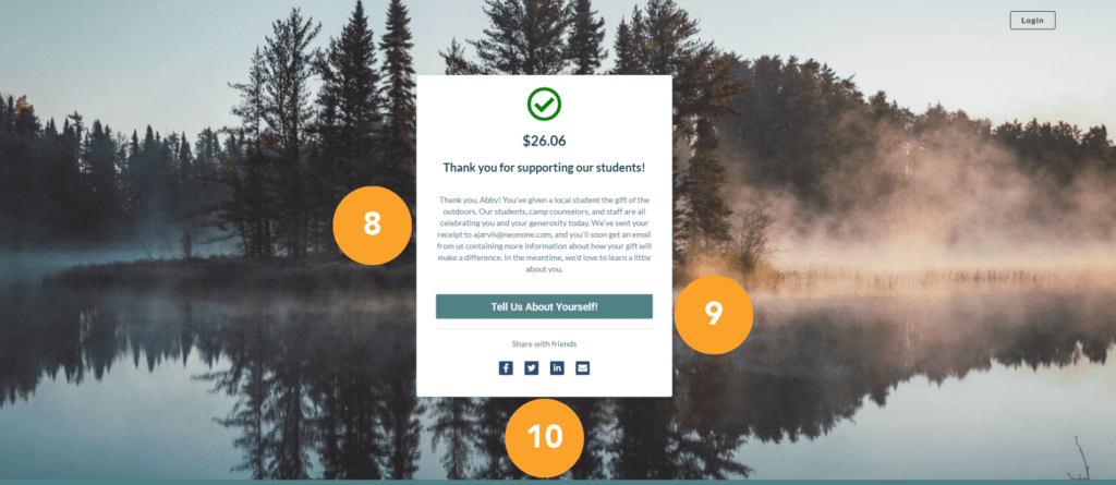 This is a screenshot of the exit page for our nonprofit donation form example. The numbered elements include

8. A sincere thank-you message
9. A "next step" button, which asks donors to take a brief donor survey
10. Social sharing options