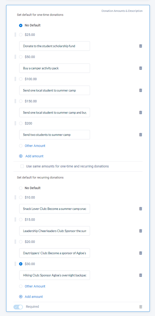 This screenshot of Neon CRM’s donation form builder shows the interface for creating suggested donation amounts and adding descriptions to them. In this example, there are different suggestions and impact statements for one-time and recurring donations.
