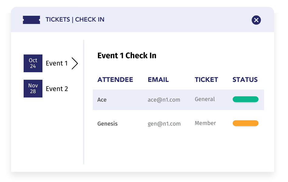 This is a screenshot of the backend interface in Neon CRM's events module that staffers use to check guests in during an event. 